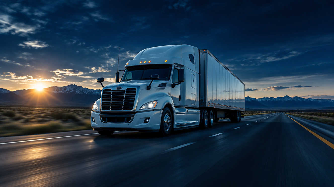 Semi-truck on a US interstate highway at dusk